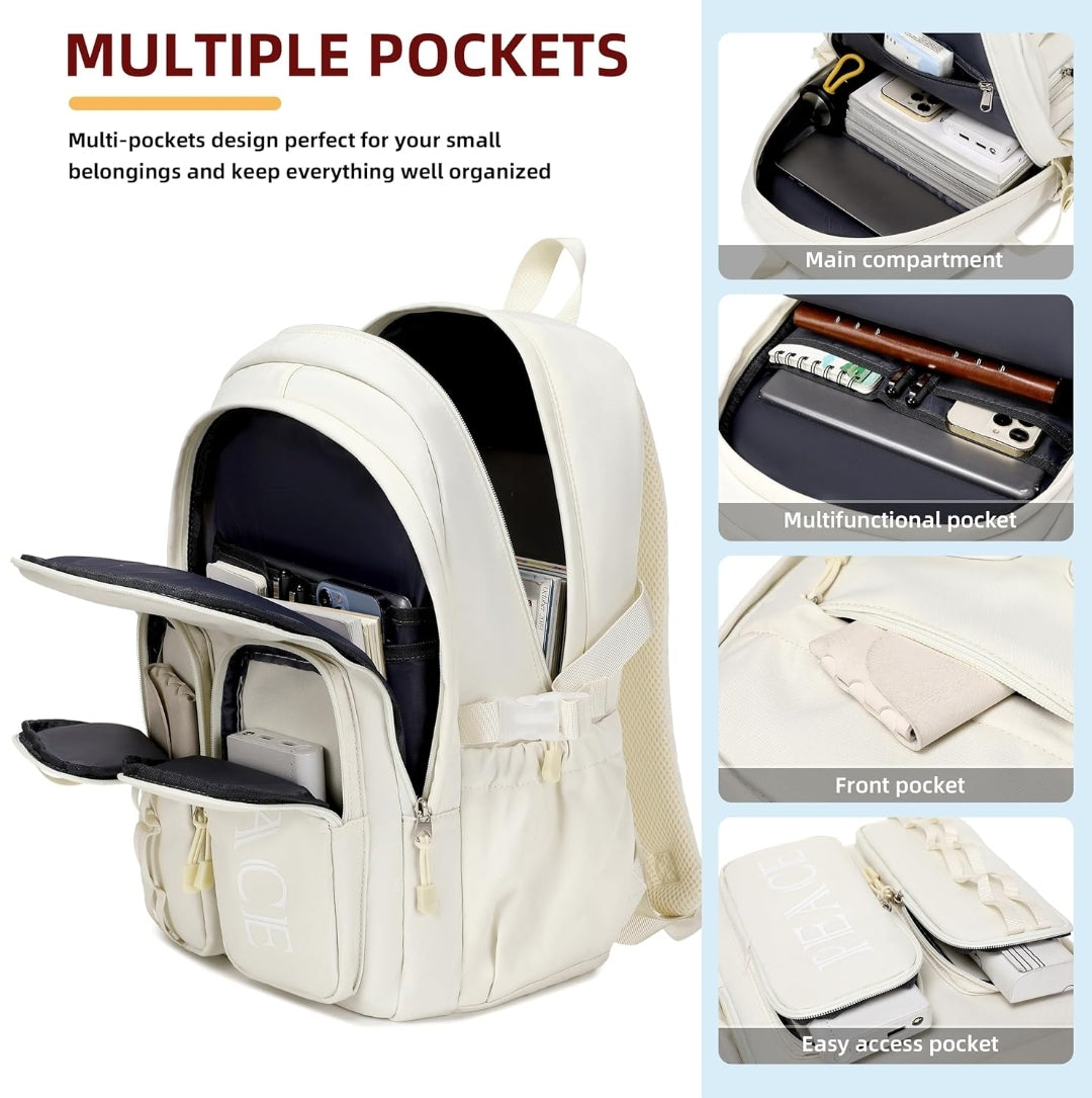 College Bookbag Laptop Backpacks 15.6 Inch Kids Elementary School Bag for Teens Girls Boys Water Resistant Sport Travel Back Pack Women Men Work Business Computer Rucksack Off White
