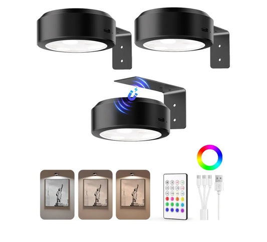 Picture Lights for Wall, 2000mAh Rechargeable Battery Magnetic Poster Lights with 3 Color Temps & 12 RGB, Remote Dimmable Timer (3 PK)