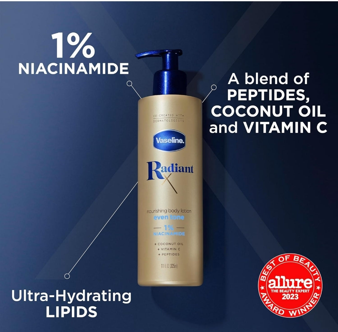 Vaseline Radiant X Even Tone Nourishing Body Lotion With 1% Niacinamide, Coconut Oil, Vitamin C, & Peptides 11 oz