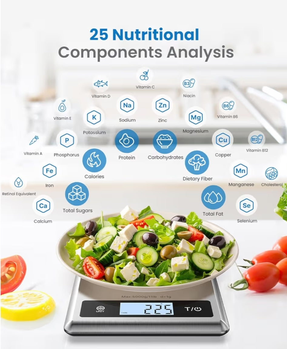 Digital Food Scale with Nutritional Calculator, Stainless Steel, Smart Body Scale with BMI, Body Fat, Muscle Mass