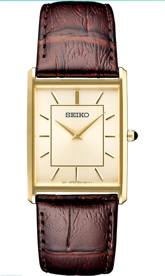 Seiko Essentials-horlosie Waterbestand m/ Vlekvrye Staal Reghoekige Kassie en Leerband - Sjampanje