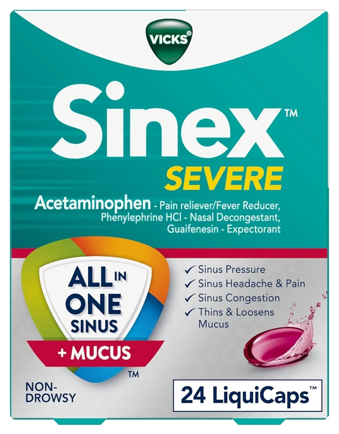 Vicks Sinex SEVERE, All-In-One Sinus + Mucus Relief, Non-Drowsy,Maximum Strength Relief of Pain