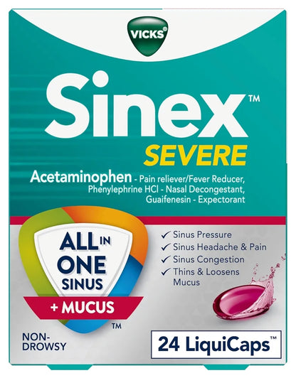 Vicks Sinex SEVERE, Alles-in-Een Sinus + Slym Verligting, Veroorsaak Nie Lomerigheid Nie, Maksimum Sterkte Verligting van Pyn