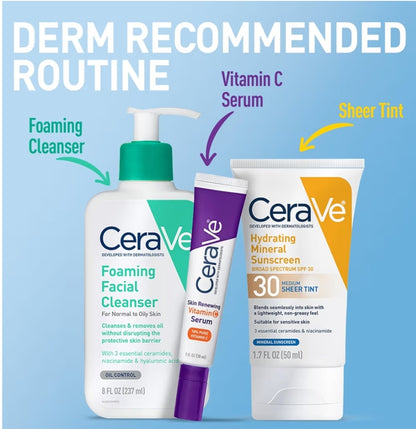 CeraVe Hydrating Mineral Sunscreen SPF 30 Getinte Mineraal Sonskerm met Sinkoksied en Titaandioksied (1.7 Oz)