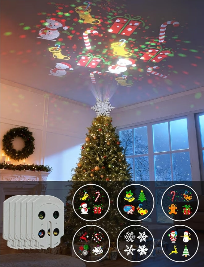 Kersboom Toppunt Verligting m/ 6 Geprojekteerde Patrone, Led Roterende Magiese Sneeuvlok, 3D Hol Glitters Verligte Versierings - (Silwer)