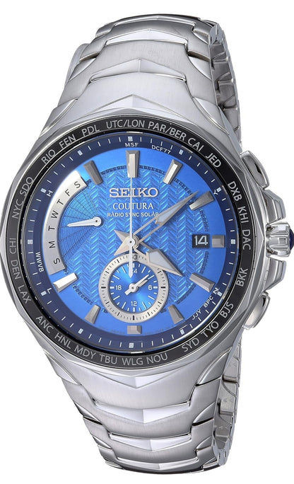 SEIKO-horlosie vir Mans - Coutura-versameling - Radiosinkroniserende Sonkrag-chronograaf, Tweekleurige Vlekvryestaal-kas en -armband, Swart Horlosieplaat met Lumibrite-wysers en -merkers, en Datumkalender