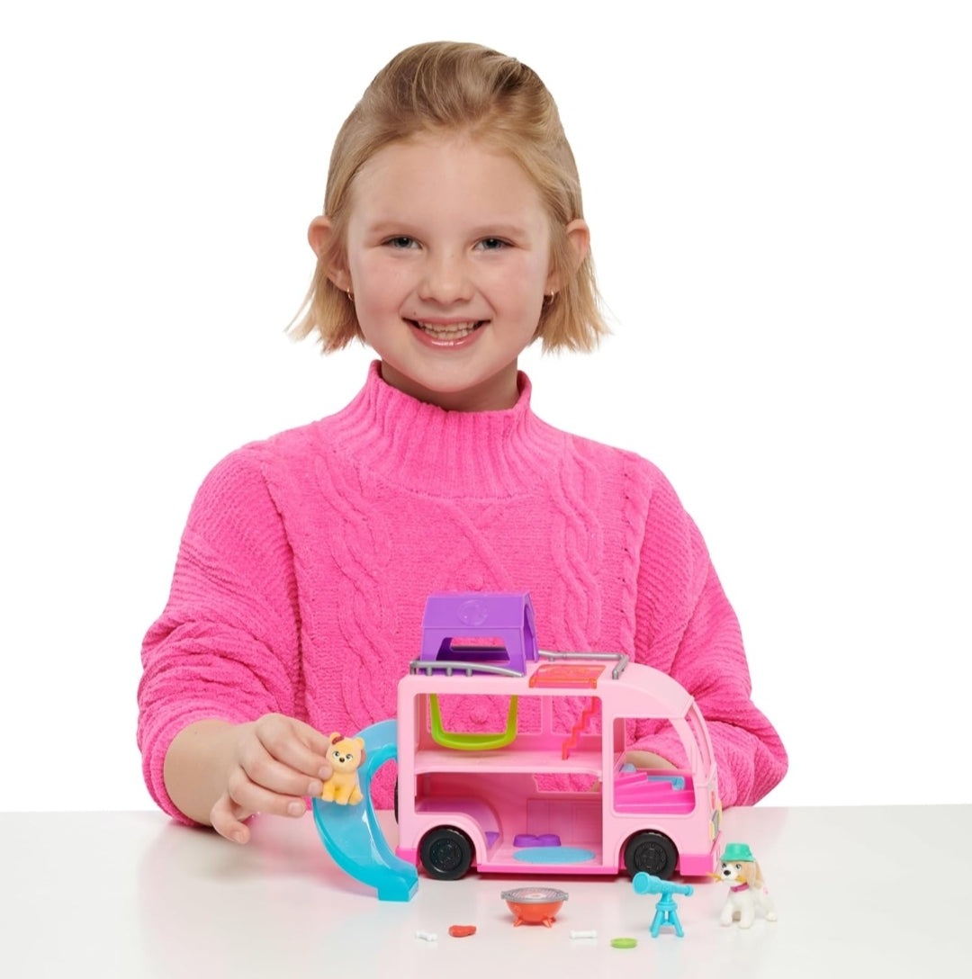 Barbie Pet Camper Playset with Pair of 1.5-inch Pet Figures, 11-pieces, Toy Figures and Playset, Kids Toys for Ages 3 Up by Just Play
