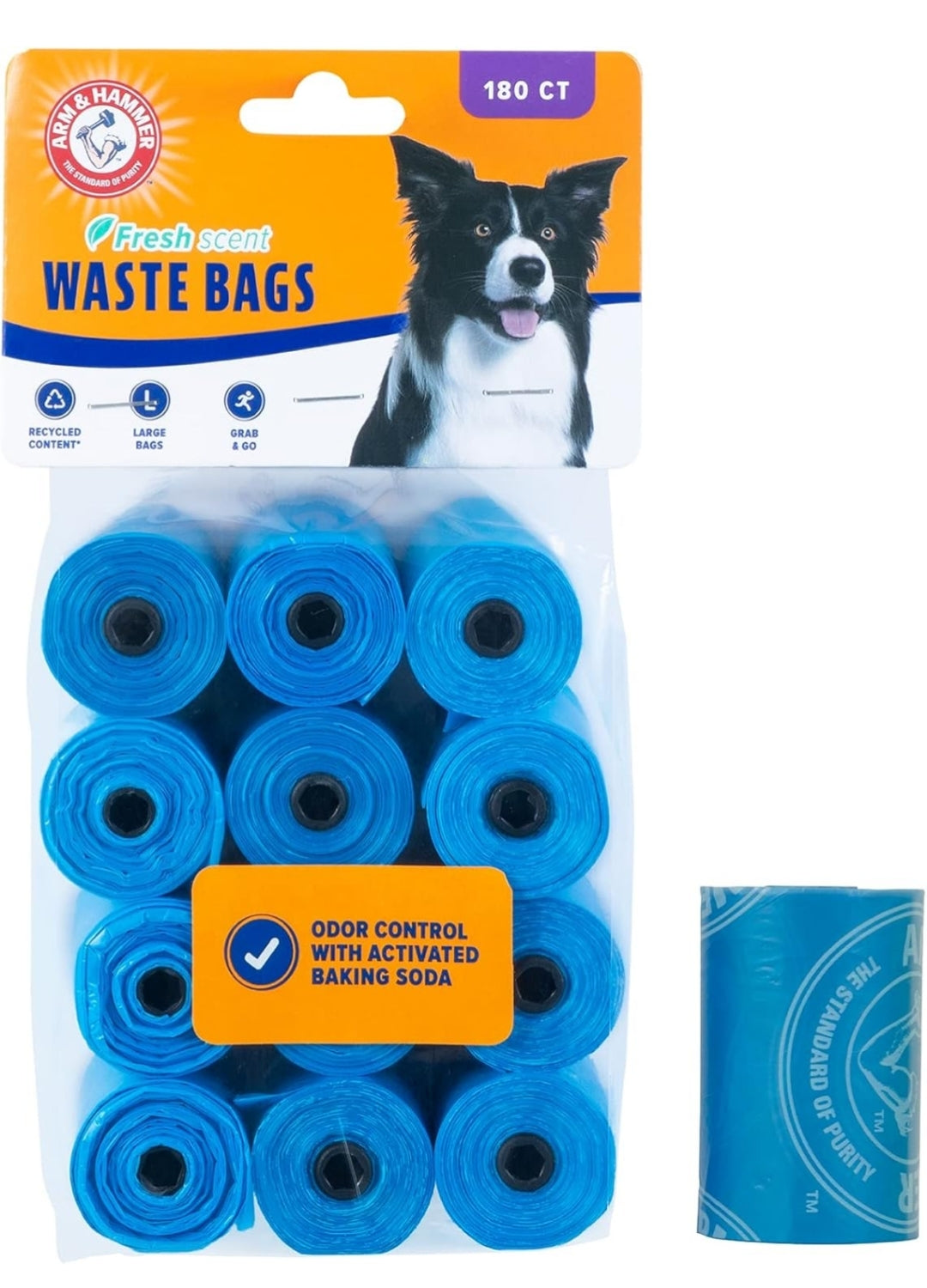 Arm & Hammer Durable Disposable Dog And Cat Waste Bags w/ Activated Baking Soda, 180CT - Blue