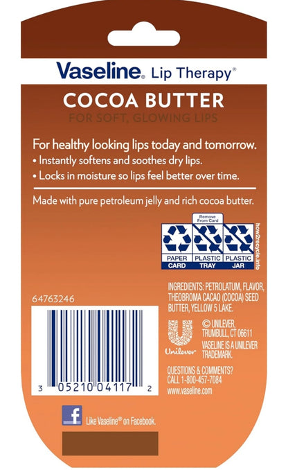 Vaseline Lip Therapy Lip Balm Mini 2 Pack Cocoa Butter For Dry Cracked Skin 0.25 oz