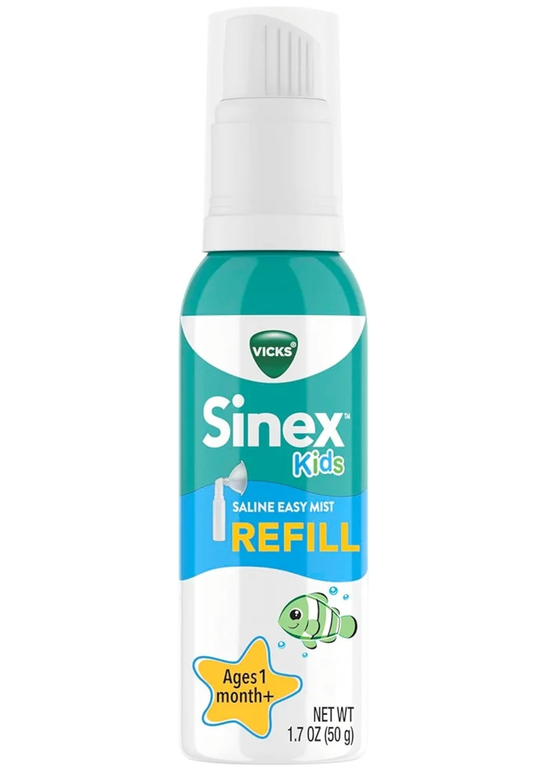 Vicks Sinex Kids Saline Easy Mist Hervulling, Middelvrye Soutoplossing, Maak Alledaagse Toe Nese Saggies Skoon en Kalmeer, Veilig vir Daaglikse Gebruik (1.7oz)