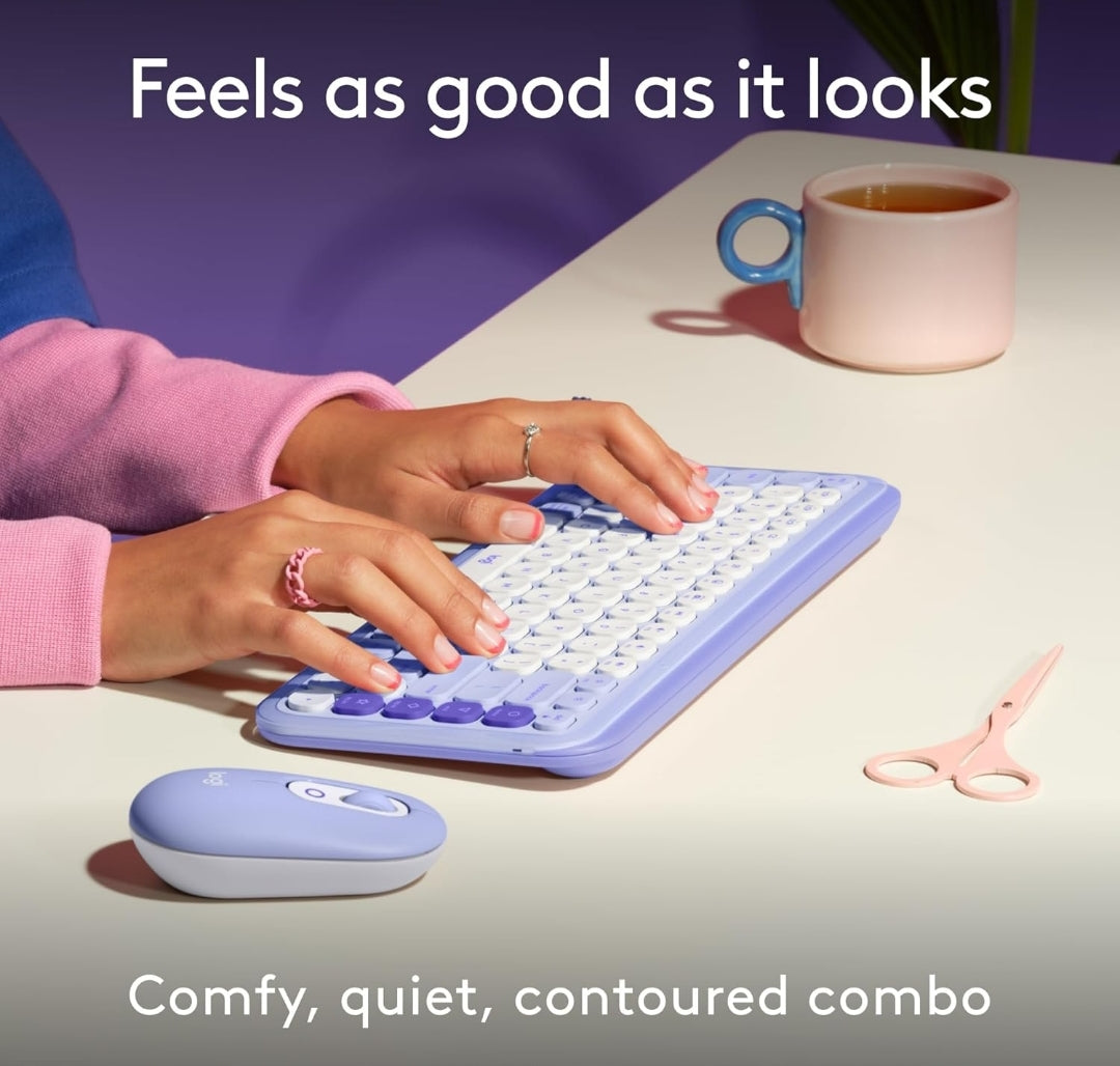 Logitech POP ICON Combo, Bluetooth-sleutelbord-en-muis-kombinasie, Gemaklike Tik, programmeerbare Sleutels en Knoppies, Stil kliek, Maklike-Skakel tot 3 Toestelle - Lilak
