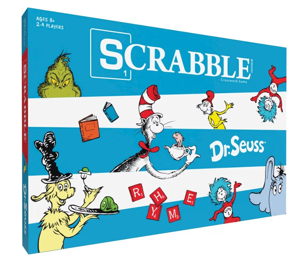 Scrabble Dr. Seuss Board Game | Official Scrabble Game with a Rhyming Twist | Custom Dr. Seuss Cards and Themed Scrabble Board | Bonus Points | Play Traditional Rules Plus New Features