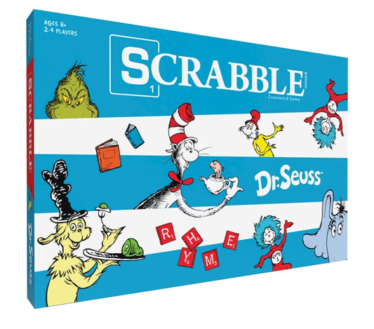 Scrabble Dr. Seuss Board Game | Official Scrabble Game with a Rhyming Twist | Custom Dr. Seuss Cards and Themed Scrabble Board | Bonus Points | Play Traditional Rules Plus New Features