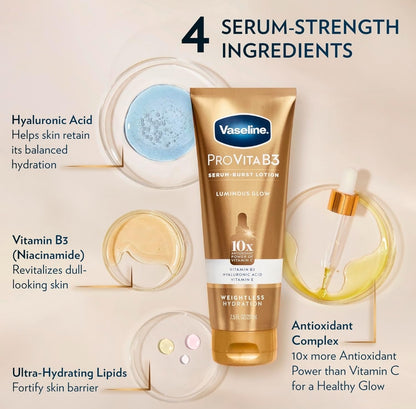 Vaseline Pro VitaB3 Serum Burst Lotion Luminous Glow Healthy, Glowing Skin, Lightweight 10x Antioxidant Power of Vitamin C with Vitamin B3, Hyaluronic Acid & Vitamin E, 7.5 Fl Oz