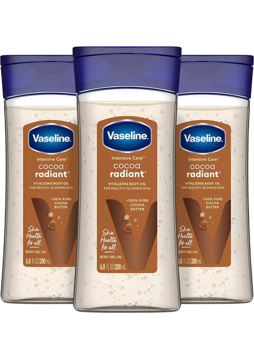 Vaseline Intensive Care Cocoa Radiant Pack of 3 for Glowing Skin Body Gel Oil Made with Pure Cocoa Butter + Replenishing Oils 6.8 oz