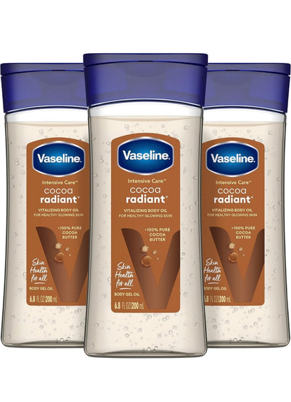 Vaseline Intensive Care Cocoa Radiant Pack of 3 for Glowing Skin Body Gel Oil Made with Pure Cocoa Butter + Replenishing Oils 6.8 oz