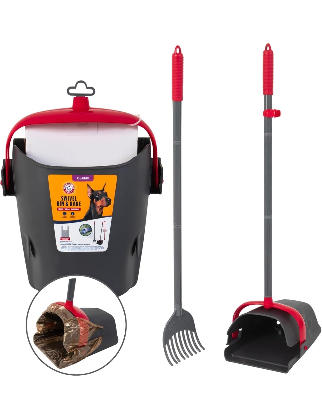 Arm & Hammer Dog Pooper Scooper Swivel Bin & Rake - Black (2 Heavy Duty Scented Waste Bags Included)