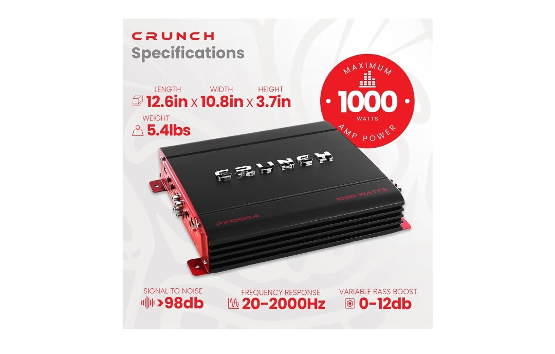 Crunch PX 1000.4 4 Kanaal 1000 Watt Klas A B Kragversterker, Liggewig - Swart