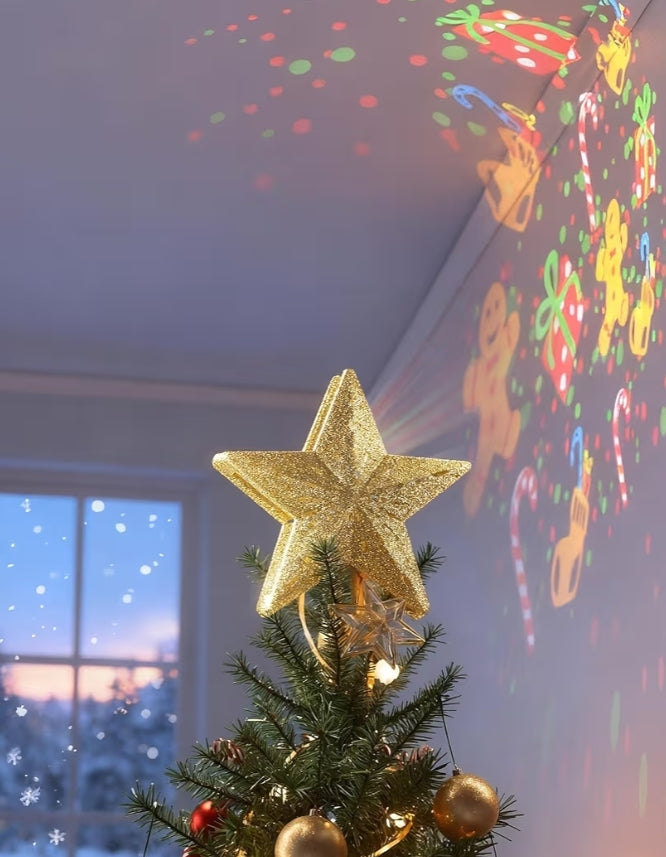 Kersboomtopligte Ster met 6 Geprojekteerde Patrone, 3D Hol met Roterende Magiese Projektor vir Kersboomornament - (Goud)