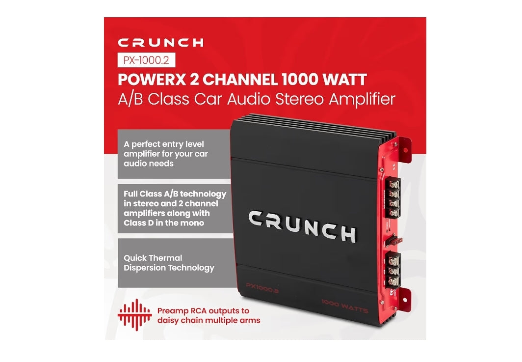 Crunch 1000 Watt Amp 2 Channel Car Audio Stereo Dual A/B Amplifier PX-1000.2 - NEW