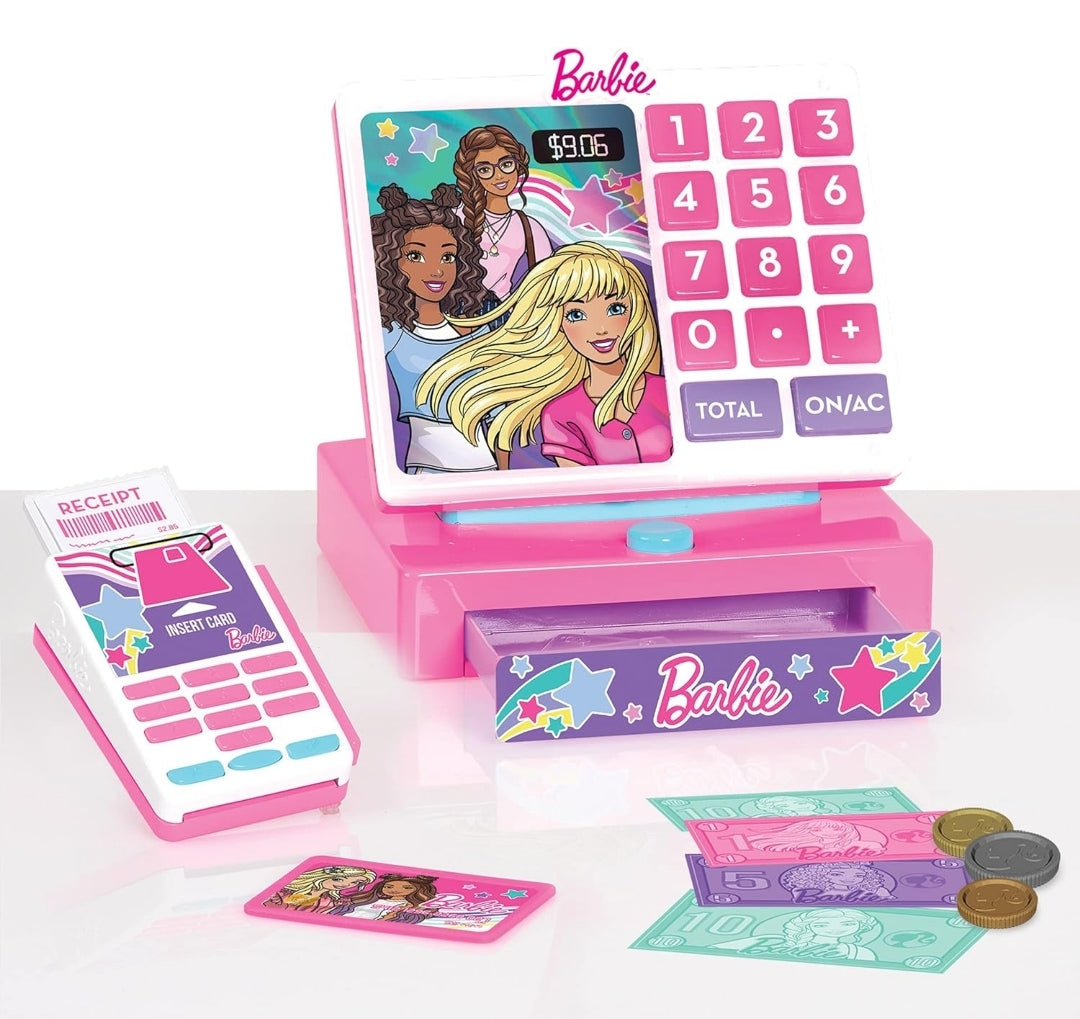Just Play Barbie Trendy Cash Register with Sounds, Pretend Money, and Credit Card Reader, 9 Piece Playset, Kids Toys for Ages 3 Up