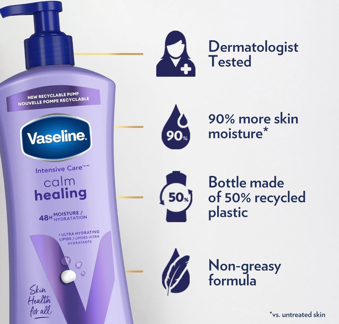 Vaseline Intensive Care Calm Healing Body Lotion 3 count for Dry Skin Made with Ultra-Hydrating Lipids and Lavender Extract to Heal and Restore Dry Skin 20.3 oz