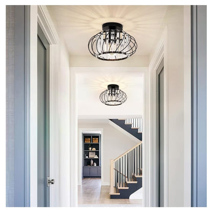 Semi-Flush Mount Plafonlig Kristalkandelaar Moderne Swart Plafonlig Armatuur, Gangbeligting