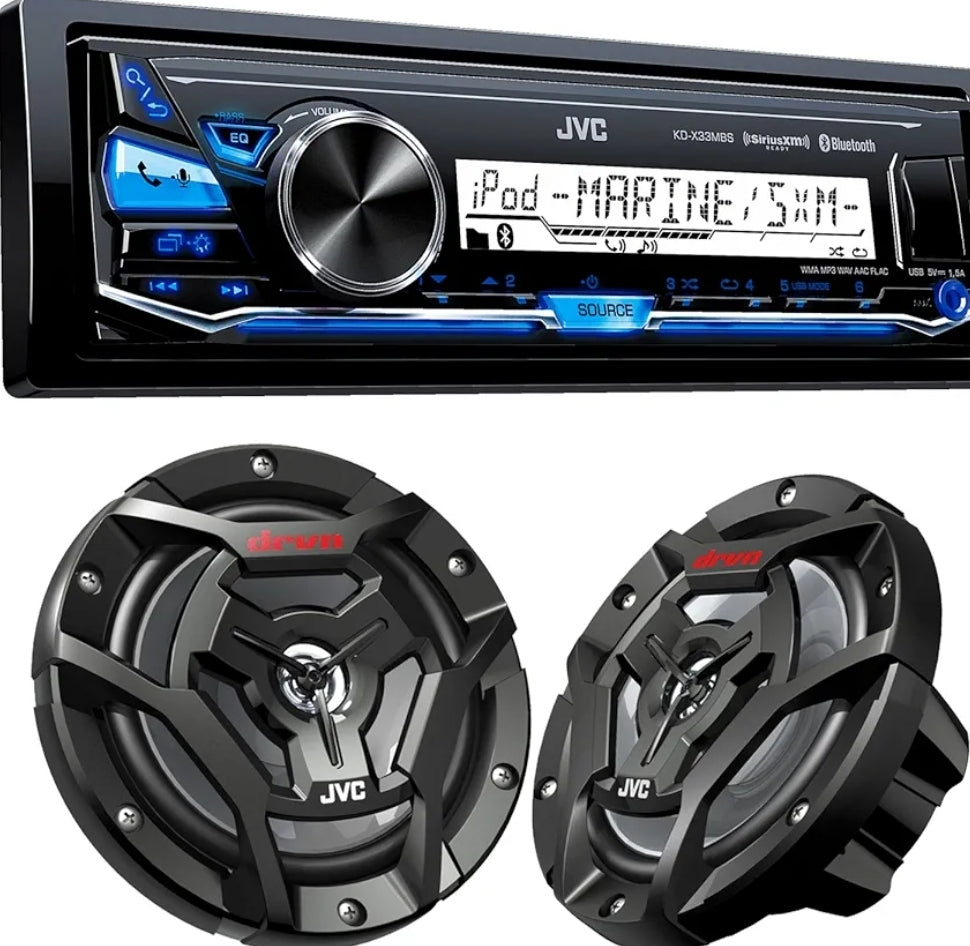 JVC KD-X33MBS Mechless Bluetooth Marine Radio and a pair of JVC CS-DR6200M 6.5" Black Marine Coaxial Speakers