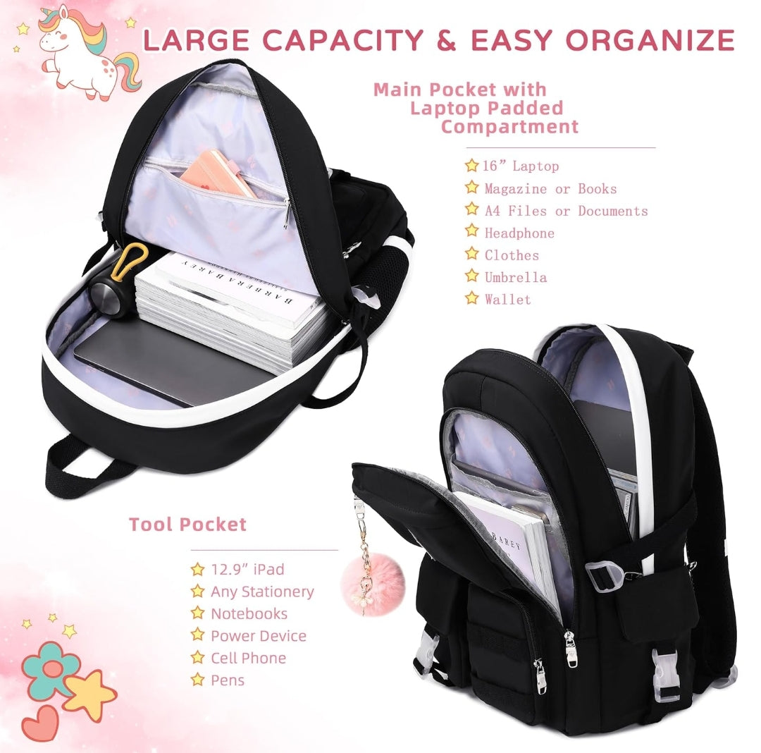 Backpack for Girls Laptop Backpacks 15.6 Inch College Cute Bookbag Anti Theft Primary Elementary School Bag Casual Daypack for Students Teens Girl Women (Black)