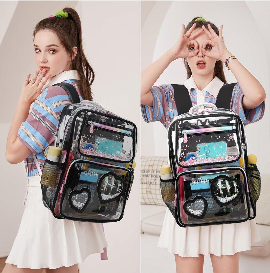 Clear Backpack for Girls Women Transparent Kids Elementary College School Bag Travel Laptop Backpacks Large Bookbags (Black)