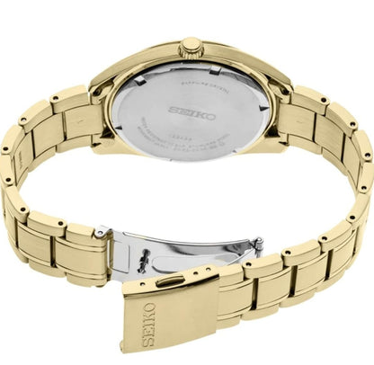 Seiko Mans Benodigdhede Staal Tweekleur Japannese Kwarts Goue Band