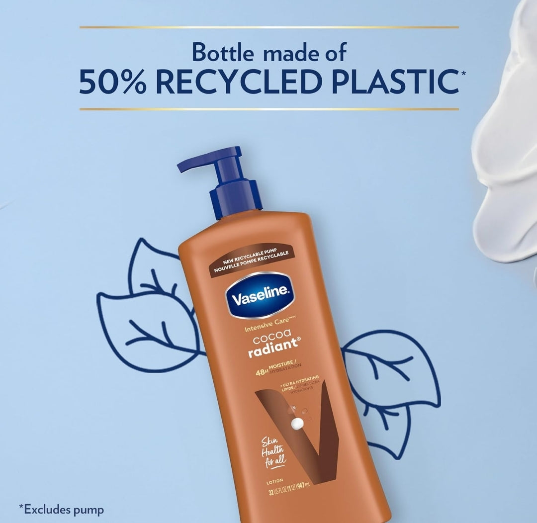 Vaseline Intensive Care Body Lotion Cocoa Radiant for Dry Skin Lotion Made with Ultra-Hydrating Lipids and Pure Cocoa Butter for a Long-Lasting, Radiant Glow 32 Oz