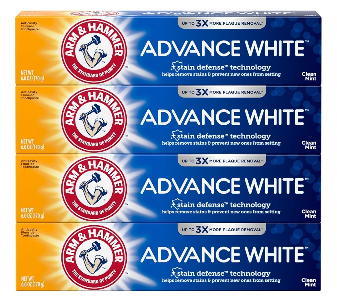 ARM & HAMMER Advance White Toothpaste Whitening Baking Soda Stain Defense - Clean Mint Flavor 6.0 Oz (Pack of 4)