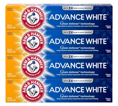 ARM & HAMMER Advance White Toothpaste Whitening Baking Soda Stain Defense - Clean Mint Flavor 6.0 Oz (Pack of 4)