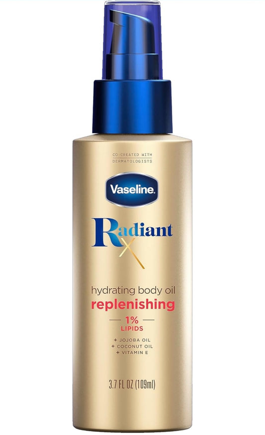 Vaseline Radiant X Aanvullende en Bevogtigende Liggaamsolie met 1% Lipiede, Jojoba-olie, Klapperolie, & Vitamien E 3.7 fl. oz