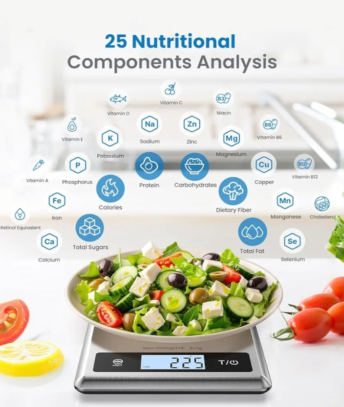 Smart Food Kitchen Scale, Food Weight Scale Grams and Ounces for Weight Loss, Calorie, Macro and Cooking - Stainless Steel