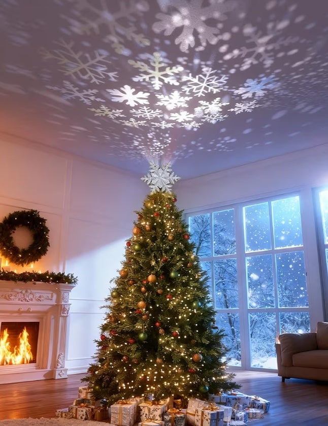 Christmas Tree Topper Lighted w/ Silver Snowflake Projector, Led Rotating, 3D Hollow Glitter Lighted Decorations