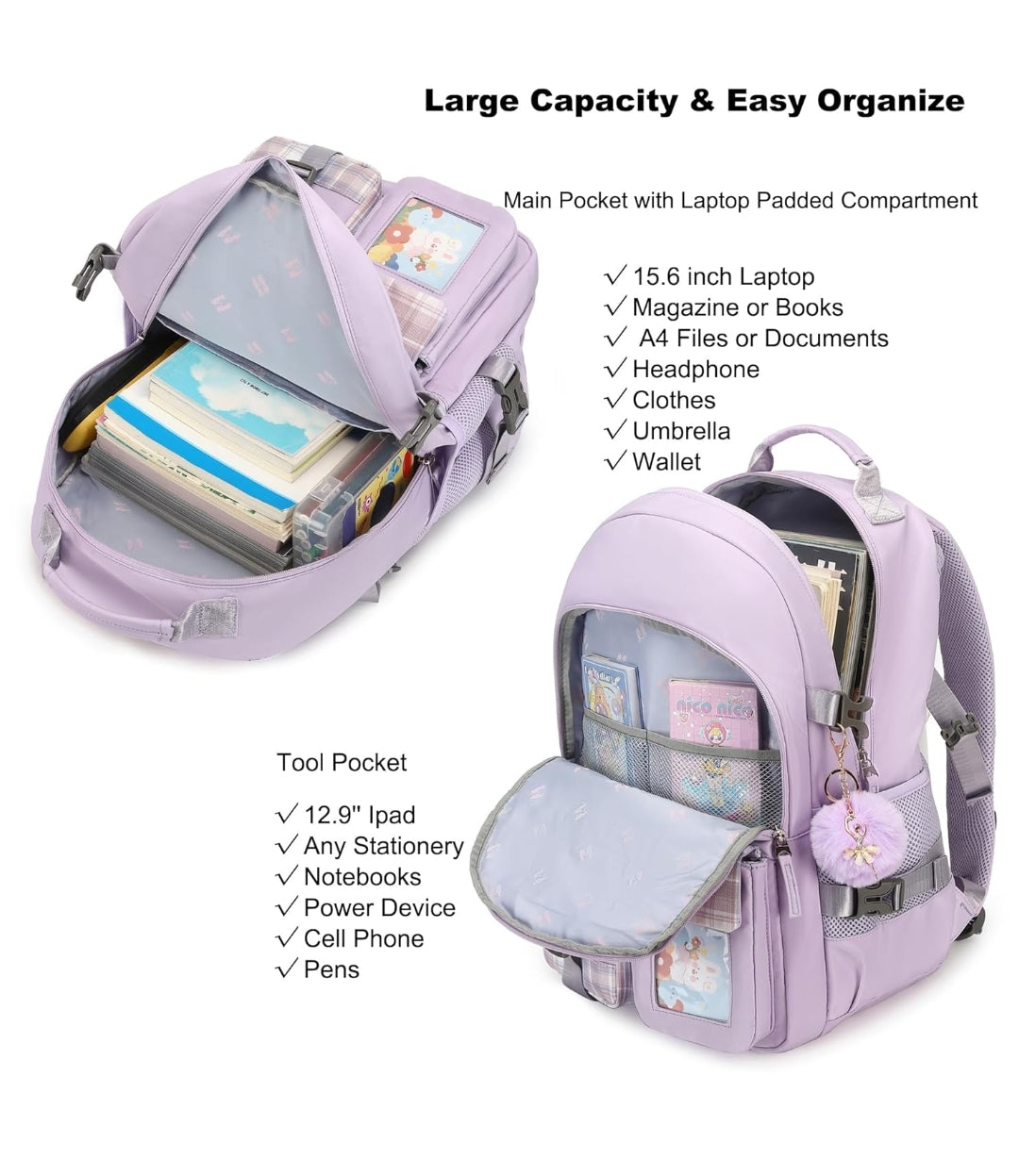 Backpack for Girls, 15.6 Inch Laptop School Bag Kids Kindergarten Elementary College Backpacks Large Bookbags for Teen Girl Women Students Casual Travel Daypacks (Purple)