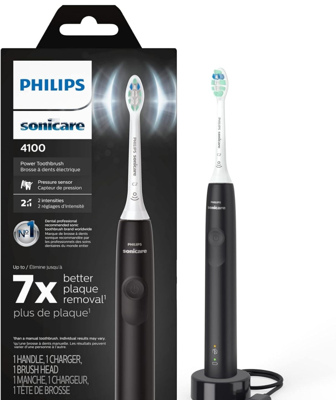 Philips Sonicare 4100 Herlaaibare Elektriese Tandeborsel, met Druksensor, 2 Intensiteitinstellings - Swart Model HX3681/24