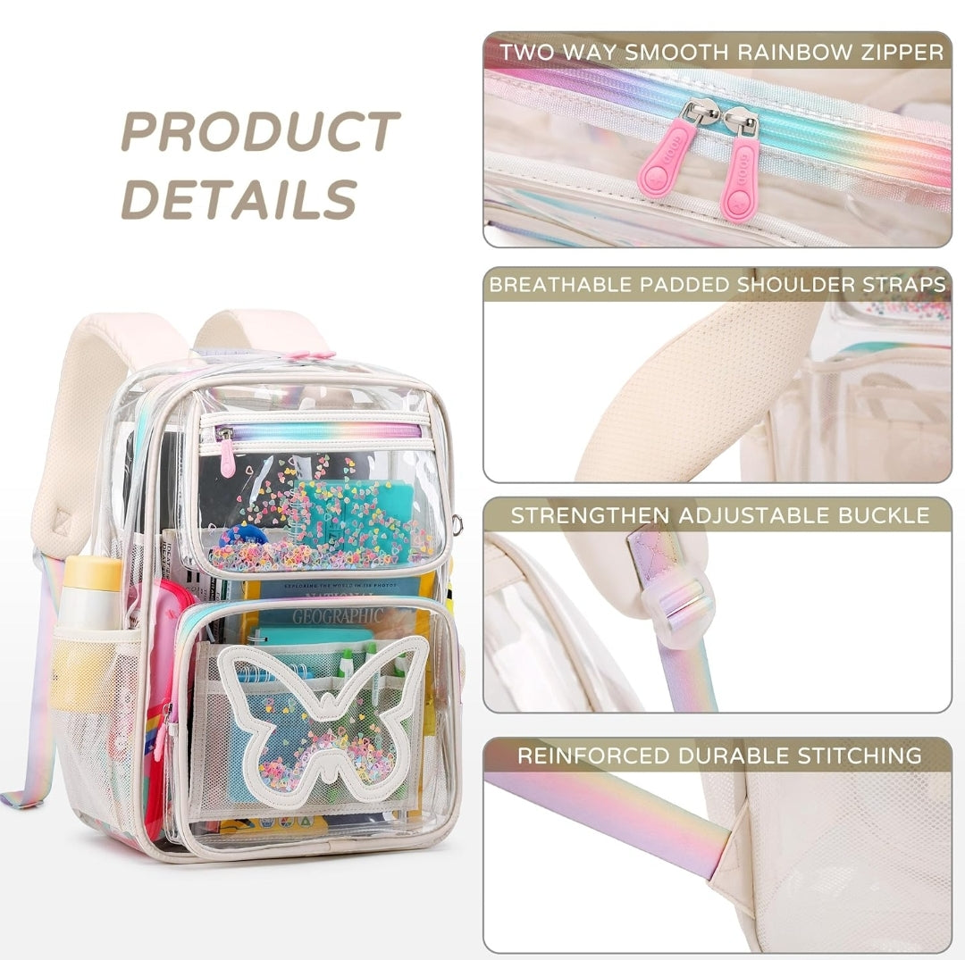 Clear Backpack for Girls Women Transparent Kids Elementary College School Bag Travel Laptop Backpacks Large Bookbags (Beige)