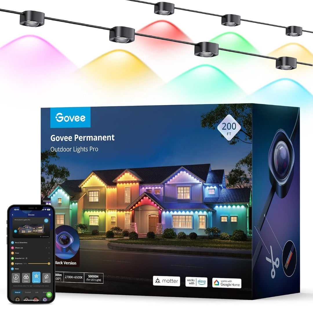 Permanent Outdoor Lights Pro, 200ft with 120 RGBIC LED Lights for Daily and Accent Lighting, 75 Scene Modes for Outdoor Decor, IP67 Waterproof, Works with Alexa, Google Assistant, Matter, Black