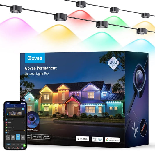 Permanente Buiteleefligte Pro, 200vt met 120 RGBIC LED-ligte vir daaglikse en aksentbeligting, 75 toneelmodusse vir buitedekor, IP67 waterdig, werk met Alexa, Google Assistant, Matter, Swart