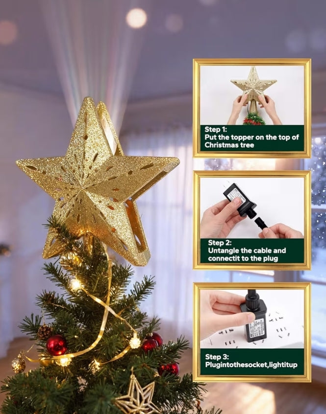 Kersboomtopligte Ster met 6 Geprojekteerde Patrone, 3D Hol met Roterende Magiese Projektor vir Kersboomornament - (Goud)