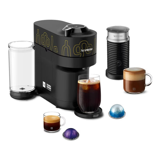 Nespresso Vertuo Pop+ Coffee and Espresso Maker by De'Longhi, Samra Origins by The Weeknd Vertuo Buna Yellow Aeroccino3 milk frother