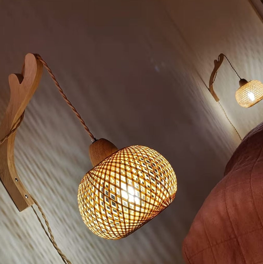 Bamboes Lantern Muurplafonligte Rotting Muurlamp met Proppeerkoord Handgeweefde Rattan Rustieke Muurbeligting
