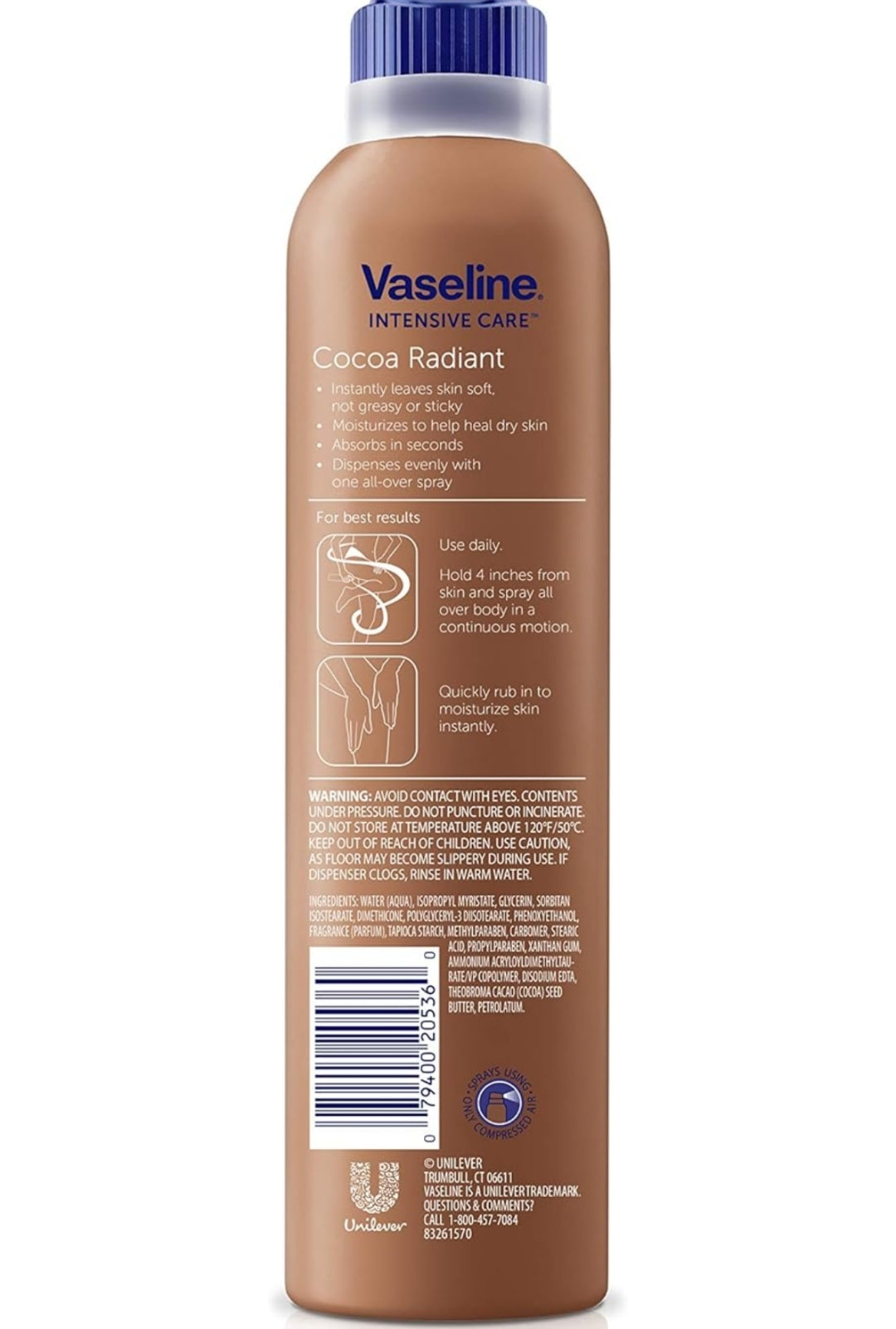 Vaseline Intensive Care Spray Moisturizer For Dry Skin Cocoa Radiant Made With 100% Pure Cocoa Butter 6.5oz (Pack of 6)