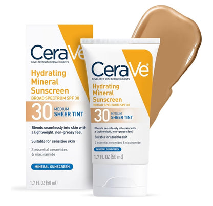 CeraVe Hydrating Mineral Sunscreen SPF 30 Getinte Minerale Sonskerm Meng Naatloos vir Gesonde Gloed, Medium (1.7 Vloeistof Onse)