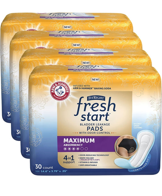 FitRight Fresh Start Nageboorte- en Inkontinensie-doekies vir Vroue Krag van ARM & HAMMER (30 ST – Pak van 4)