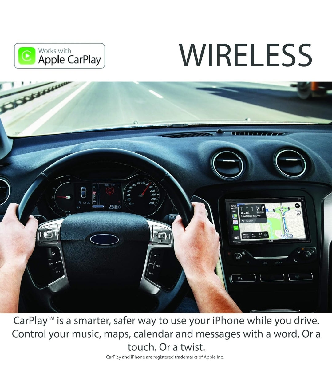 JVC Ingeboude Wi-Fi vir Draadlose CarPlay Android Auto, 6.8" LCD-raakskerm, AM/FM, Bluetooth, MP3-speler, USB-poort, Dubbel-DIN, 13-band EQ, SiriusXM Motorradio
