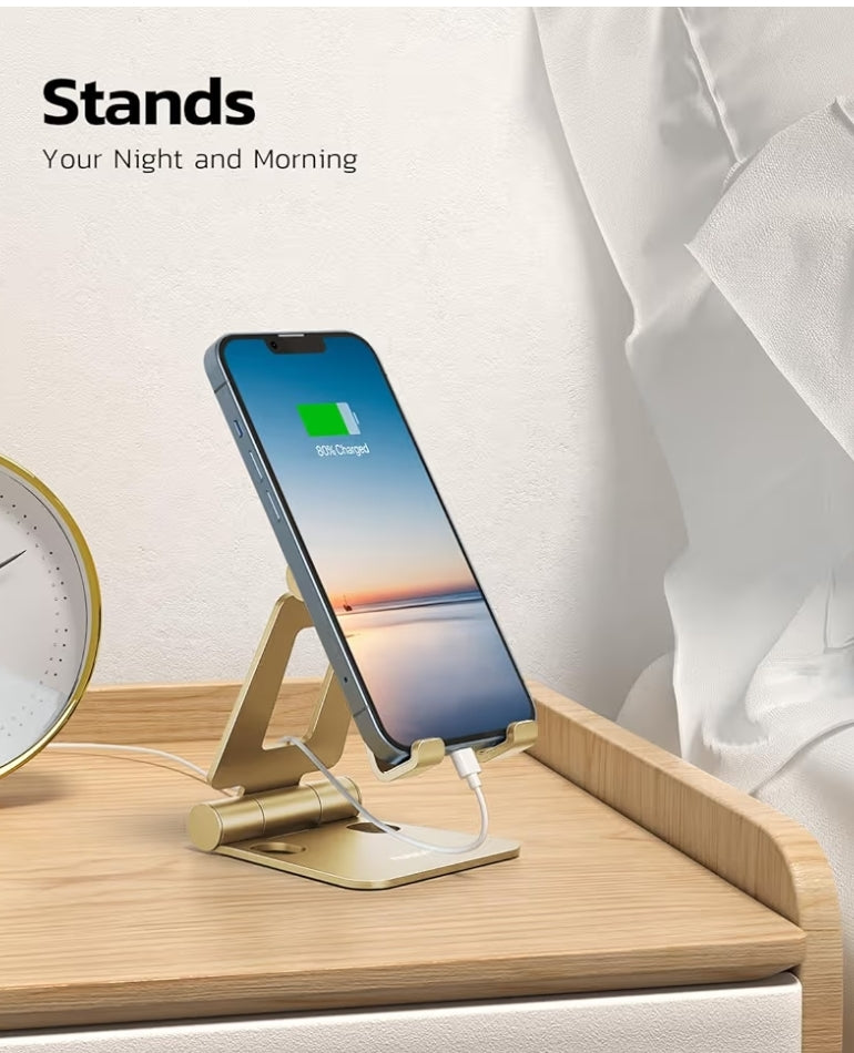 Dubbelvoubare, Volledig Verstelbare Opvoubare Telefoonstaander Dok versoenbaar met iPhone 11-17 Pro Max Xs Xr X 8, Nintendo Switch, Alle Fone - (Goud)